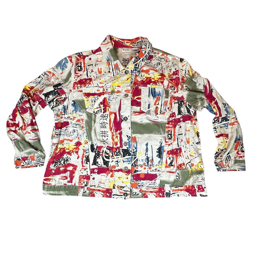 Units Woman Jacket 2X Abstract Print Button Front Long Sleeve Boxy Cotton Coat